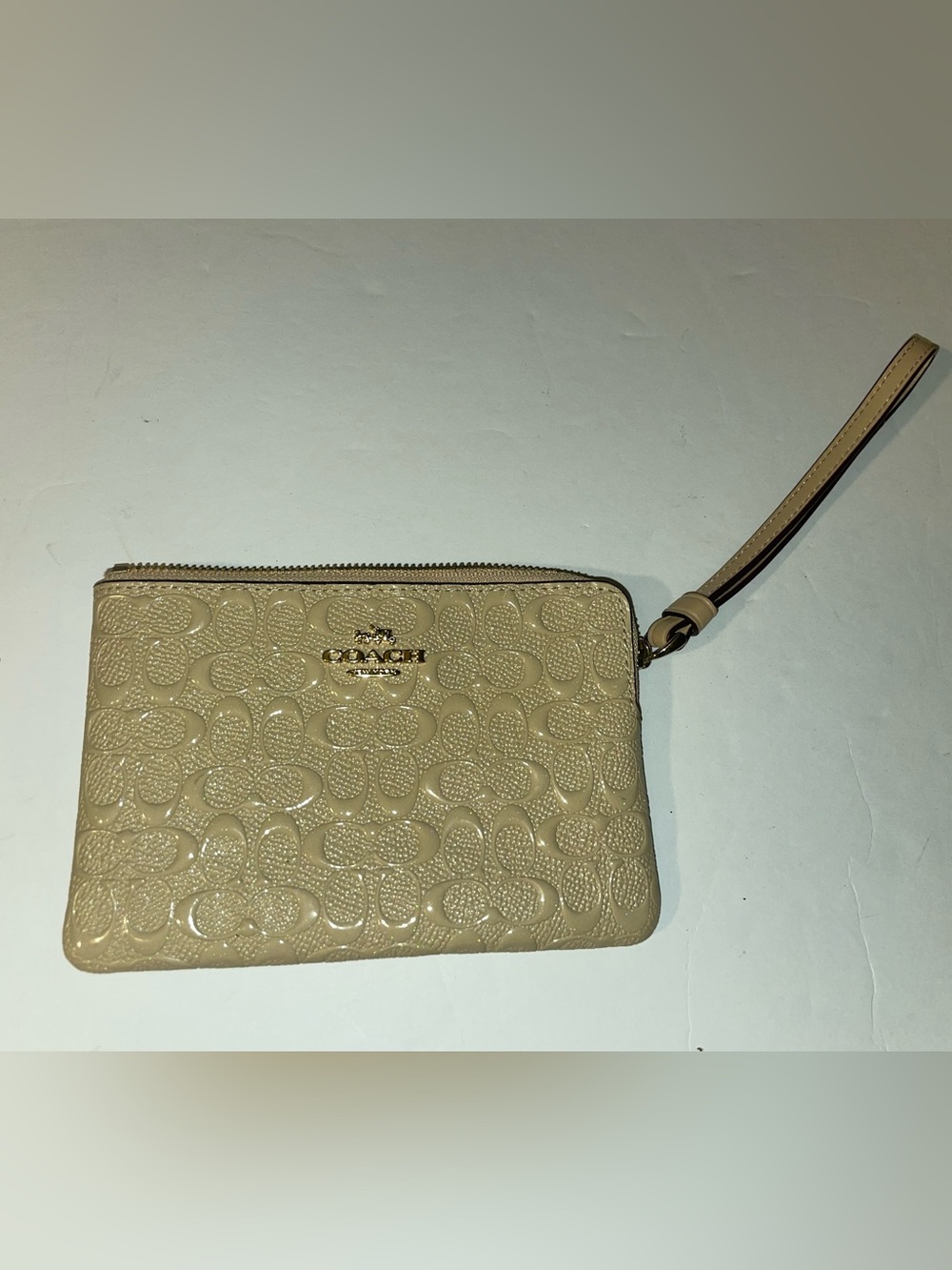 Coach Cream Patent Signature Wristlet with Gold Hardware